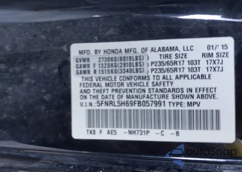 2015 Honda Odyssey Ex-L z USA, uszkodzony, nr VIN 5FNRL5H69FB057991
